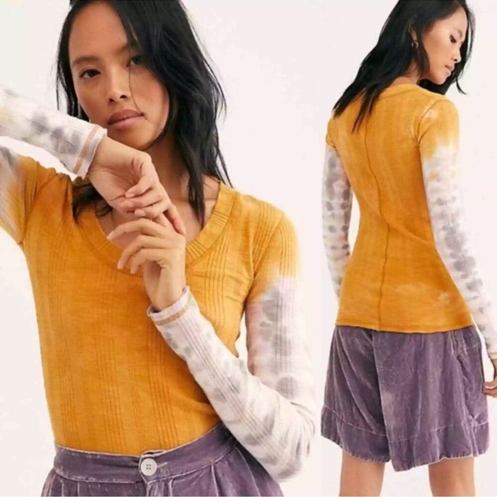 FP We the free Big Sur Tie Dye Long Sleeve In Amber Combo Scoop Neck Ribbed Sz L